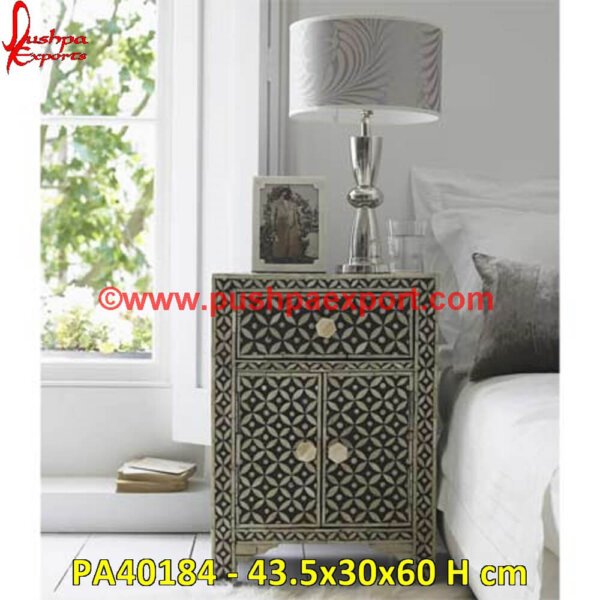 Black Bone Inlay Nightstand PA40184 bone inlay nightstand, inlay nightstand, inlay bedside table, mother of pearl inlay bedside table, pink bone inlay bedside table, white bone inlay bedside table, white.jpg