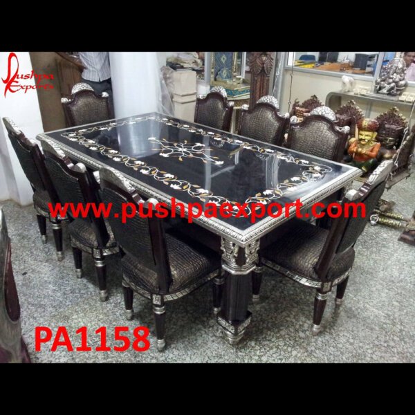 Silver Dining Table And Chairs With Marble Inlay PA1158 silver dining room set,silver dining table,silver round table,round silver dining table,black and silver dining room table set,silver carved dining tables, silver vanity dining table.jpg