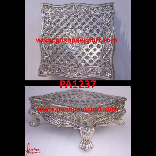 Silver Carved Pooja Chowki PA1237 - 22x22 inches pink and silver dressing table stool, pink and silver stool, pooja chowki silver, pure silver chowki, pure silver stool for pooja, silver accent stool, silver bedroom stoo.jpg