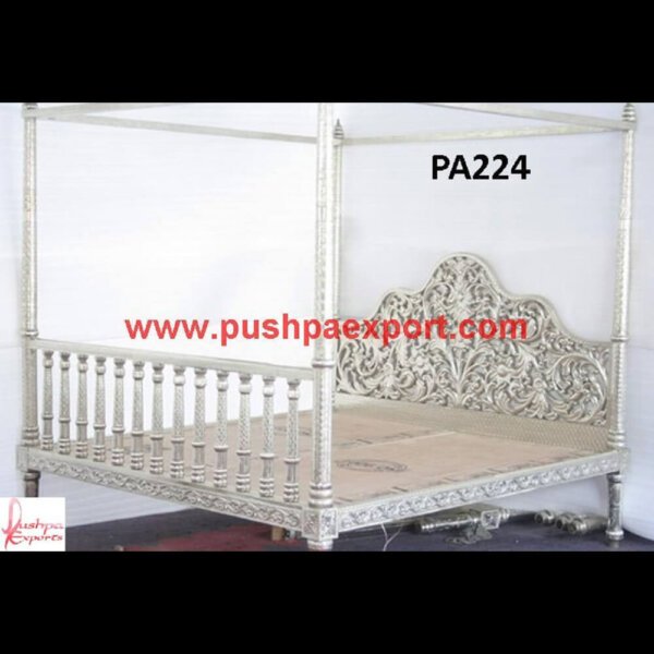 Carved Silver Canopy Bed PA224 silver bedroom bench, silver king headboard, silver vanity desk, white and silver bedroom set, silver dresser and nightstand set, silver bedroom dresser, silver canopy bed, silver.jpg