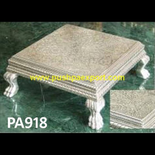 Royal Carving Silver Pooja Chowki PA918 silver crushed velvet dressing table stool, silver decorative stool, silver dressing stool, silver grey dressing table stool, silver grey foot stool, silver grey stool, silver grey velvet.jpg