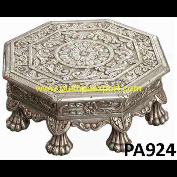 Carved Legs Silver Pooja Chaurang PA924 silver grey velvet stool, silver leg stool, silver metal stool, silver ottoman stool, silver plated chowki, silver plated pooja chowki, silver plated stool, silver plated stools, silver p.jpg