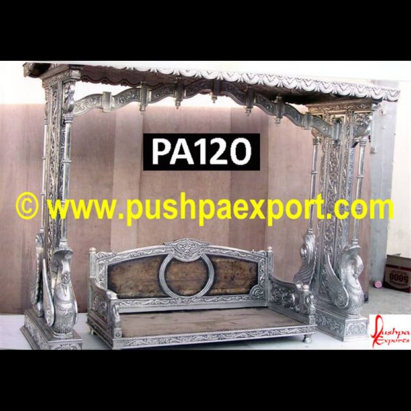 Silver Wooden Carved Swing PA120 Silver Coated Jhula, German Silver Sheet Covered Swing, Silver Sheet Covered Jhula, Silver Sheet Covered Swing, Silver Carved Jhula, Silver Carving Jhula, Silver Carving Swing, Silver Met.jpg