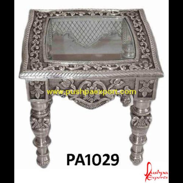 Silver Glass Engraved Side Table PA1029 round silver coffee table,silver coffee table set,silver console table,silver table,black and silver coffee table,Silver carved accent table,Silver carved console table.jpg