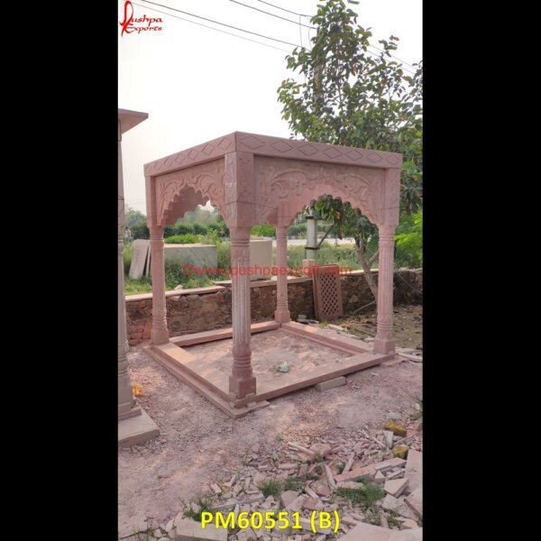 PM60551 (B) marble chatri,marble column gazebo,marble gazebo outdoor,marble pergola,outdoor marble gazebo,red stone chatri,round marble gazebo,sandstone gazebo,stone and wood gazebo,stone chat.jpg