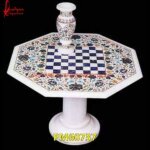 Gemstone Inlay White Marble Chess Table