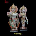 Painted White Marble Radha Krishna Sculpture