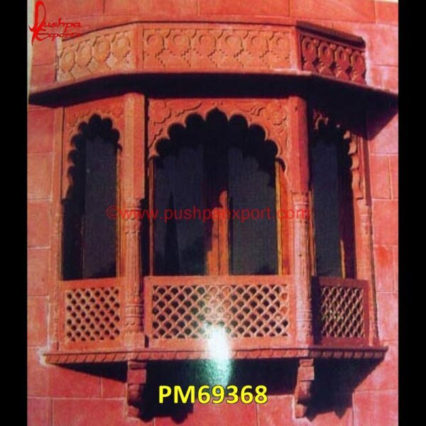 Carved Red Sandstone Jharokha PM69368 sandstone jharokha,inlaid jharokha,inlay jharokha,jodhpur stone jharokha,stone carved jharokha,stone jharokha designs,marble window,stone window,marble jharokha,stone jharokha,jais.jpg