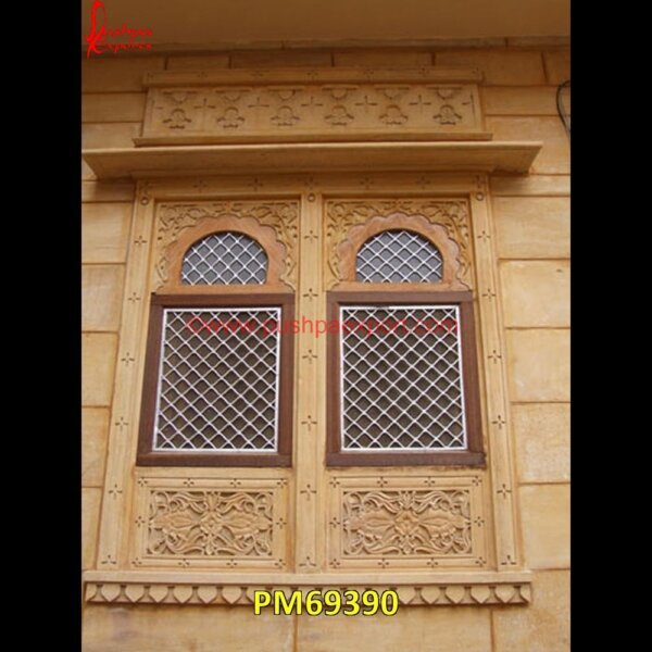 Carved Window Of Natural Sandstone PM69390 sandstone jharokha,inlaid jharokha,inlay jharokha,jodhpur stone jharokha,stone carved jharokha,stone jharokha designs,marble window,stone window,marble jharokha,stone jharokha,jais.jpg