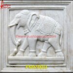 Elephant Carving White Marble Wall Panel