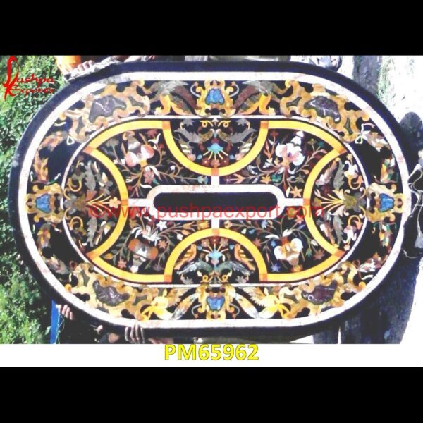 Pietra Dura Black Marble Oval Shaped Table Top PM65962 marble inlay floor,marble inlay elephant,marble inlay dining table,marble inlay desk,marble inlay design,marble inlay crafts,marble inlay coffee table,marble inlay coasters,marble.jpg