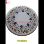 Round White Marble Coffee Table With Pichkari Work