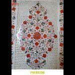 Red Flower Pichkari Work White Marble Table Top