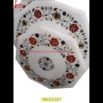 Polygonal Shaped Pichkari Work White Marble Table Top