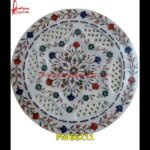 Round White Marble Table Top With Pichkari Inlay