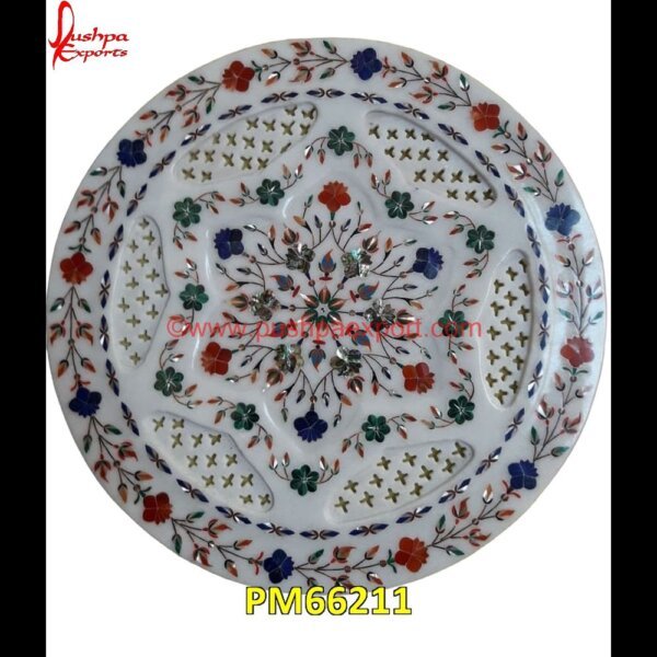 Round White Marble Table Top With Pichkari Inlay PM66211 pietra dura in india,pietra dura furniture,pietra dura for sale,pietra dura dining table,pietra dura cabinet,pietra dura box,pietra dura art,mughal pietra dura,mosaic marble medall.jpg