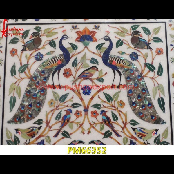 Peacock MOP Inlay On White Marble Top PM66352 marble inlay art,marble foyer medallion,marble floor inlay designs,stone inlay globe,stone for inlay,pietre dure,pietra dura table,pietra dura,marble medallions,marble inlay tables.jpg