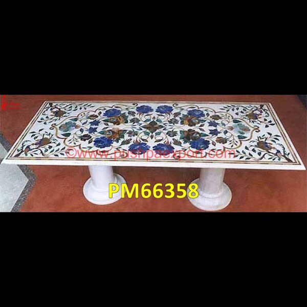 White Marble Table Top And Base With Semi Precious Stone Inlay PM66358 pietra dura,marble medallions,marble inlay tables,marble inlay,marble floor medallions,brass inlay marble tile,white marble inlay table tops,travertine mosaic medallion,taj mahal i.jpg