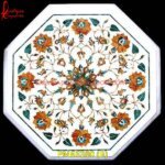 Semi Precious Stone Pichkari White Marble Table Top With Base