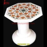 Orange Flower Pichkari Work White Marble Table Top And Base