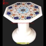 Semi Precious Stone Pichkari Work White Marble Table Top And Base