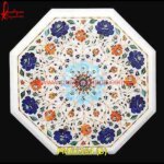 Semi Precious Stone Pichkari Work White Marble Table Top And Base