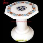 White Marble Table Top And Base With Malachite Stone Motif Inlay