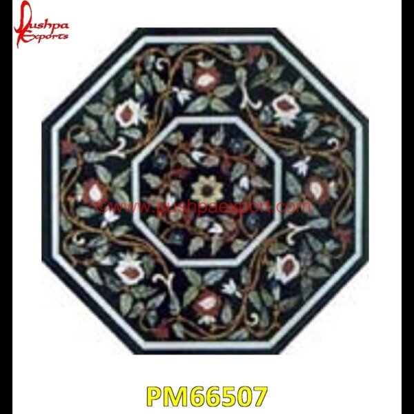 Pietre Dure Work Black Marble Polygonal Table Top PM66507 stone inlay globe,stone for inlay,pietre dure,pietra dura table,pietra dura,marble medallions,marble inlay tables,marble inlay,marble floor medallions,brass inlay marble tile,white.jpg