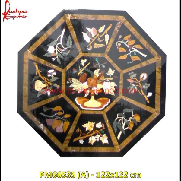 Inlay Black Marble Polygonal Table Top PM66535 (A) - 122x122 cm pietra dura for sale,pietra dura dining table,pietra dura cabinet,pietra dura box,pietra dura art,mughal pietra dura,mosaic marble medallions,metal inlay in stone,medallion marble.jpg