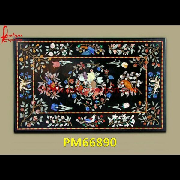 Semi Precious Stone Inlay Black Marble Rectangular Table Top PM66890 metal inlay in stone,medallion marble floor decor,marble tile medallions,marble mosaic medallion,marble medallion floor tile,marble inlay work taj mahal,marble inlay work in jaipur.jpg