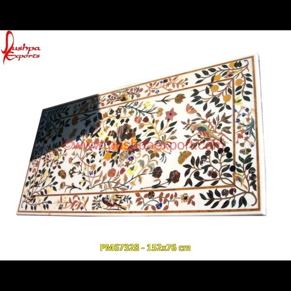 White Marble Table Top With Floral Pietra Dura PM67328 - 152x76 cm marble inlay art,marble foyer medallion,marble floor inlay designs,stone inlay globe,stone for inlay,pietre dure,pietra dura table,pietra dura,marble medallions,marble inlay tables.jpg