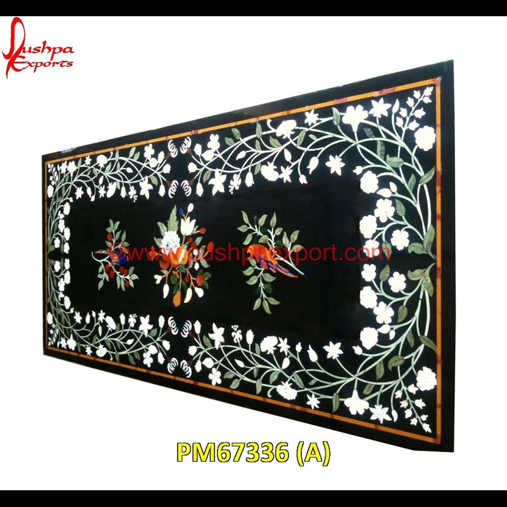 White Flower Inlay On Natural Black Marble Table Top PM67336 (A) marble medallions,marble inlay tables,marble inlay,marble floor medallions,brass inlay marble tile,white marble inlay table tops,travertine mosaic medallion,taj mahal inlay stones,.jpg
