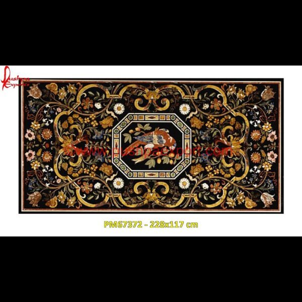 Motif Pietra Dura Black Stone Table Top PM67372 - 228x117 cm marble floor medallions,brass inlay marble tile,white marble inlay table tops,travertine mosaic medallion,taj mahal inlay stones,stone wood inlay,stone inlay work,stone inlay table.jpg