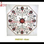 Red Flower Inlay White Marble Square Table Top