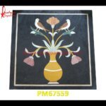 Flower Pot Motif Inlay Black Marble Table Top