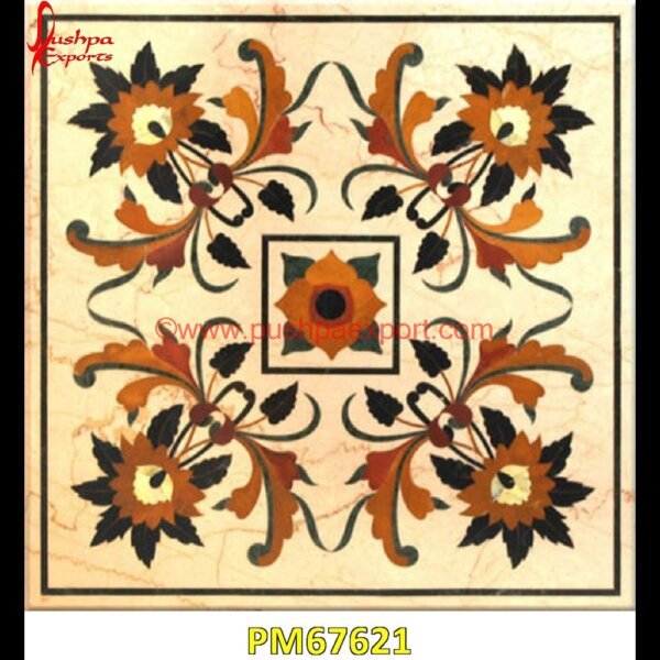 Orange Flower Inlay Table Top PM67621 pietra dura art,mughal pietra dura,mosaic marble medallions,metal inlay in stone,medallion marble floor decor,marble tile medallions,marble mosaic medallion,marble medallion floor.jpg