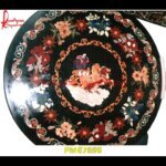 Black Marble Round Floral Pietra Dura Table Top