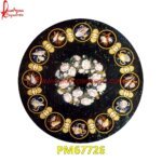 Black Marble Round Table Top With Flower Motif Inlay