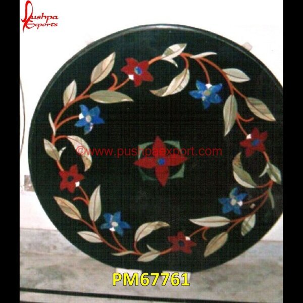 Inlay Black Marble Stone Round Table Top PM67761 taj mahal inlay stones,stone wood inlay,stone inlay work,stone inlay table tops,stone inlay furniture,stone inlay flooring,stone inlay coffee table,stone inlay art,stone floor inla.jpg