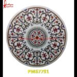 Flower And Leaves Motif Inlay Round White Marble Table Top