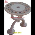 Flower Motif Inlay Round White Marble Table Top And Base