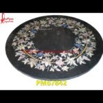 Round Black Marble Flower Motif Inlay Table Top