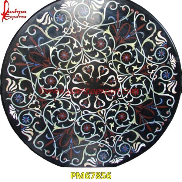 Pattern Inlay Black Marble Stone Round Table Top PM67856 pietra dura,marble medallions,marble inlay tables,marble inlay,marble floor medallions,brass inlay marble tile,white marble inlay table tops,travertine mosaic medallion,taj mahal i.jpg