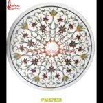 Round Shaped Inlay White Marble Coffee Table Top