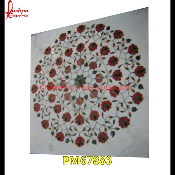 Red Flower Inlay Round White Marble Table Top PM67883 pietra dura dining table,pietra dura cabinet,pietra dura box,pietra dura art,mughal pietra dura,mosaic marble medallions,metal inlay in stone,medallion marble floor decor,marble ti.jpg