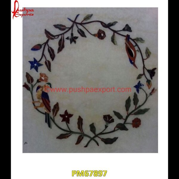 Bird And Leaves Design Inlay White Marble Table Top PM67897 marble inlay work,marble inlay tray,marble inlay tiles,marble inlay table tops,marble inlay panel,marble inlay medallion,marble inlay handicrafts,marble inlay furniture,marble inla.jpg