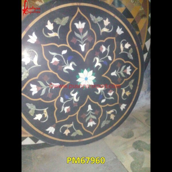 Black Marble Round Table Top With Pietra Dura PM67960 pietra dura,marble medallions,marble inlay tables,marble inlay,marble floor medallions,brass inlay marble tile,white marble inlay table tops,travertine mosaic medallion,taj mahal i.jpg