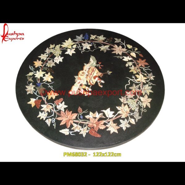 Floral Inlay Black Marble Round Shape Table Top PM68032 -  122x122cm marble floor medallions,brass inlay marble tile,white marble inlay table tops,travertine mosaic medallion,taj mahal inlay stones,stone wood inlay,stone inlay work,stone inlay table.jpg