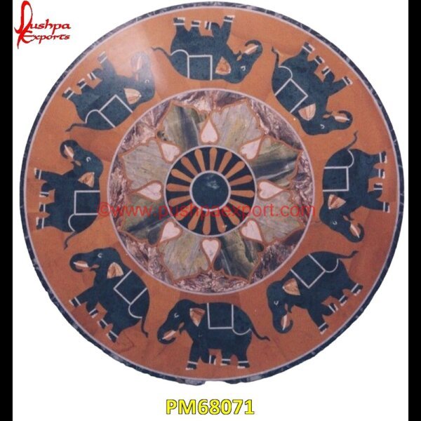 Elephant Motif Inlay Round Shaped Marble Table Top PM68071 travertine mosaic medallion,taj mahal inlay stones,stone wood inlay,stone inlay work,stone inlay table tops,stone inlay furniture,stone inlay flooring,stone inlay coffee table,ston.jpg