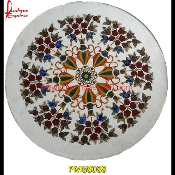 Flower Design Inlay Round White Marble Table Top For Desk PM68088 pietra dura in india,pietra dura furniture,pietra dura for sale,pietra dura dining table,pietra dura cabinet,pietra dura box,pietra dura art,mughal pietra dura,mosaic marble medall.jpg